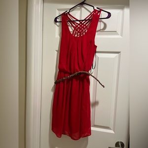 Women’s red dress with brown belt